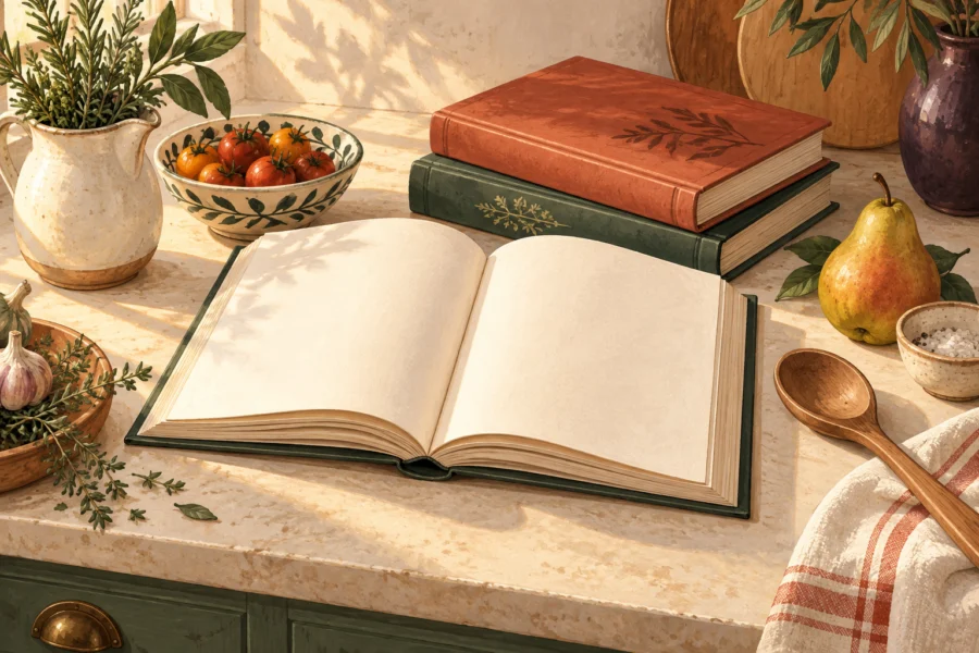 Ілюстрація книжок і кухонного приладдя; не обкладинки конкретних видань